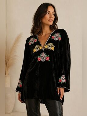 Rocki Gorman Santa Fe Black Velvet Sugar Skull Embroidered Tunic XXL
